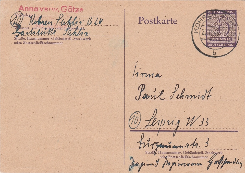 P 15 als Fernkarte von Kohren-Salis nach Leipzig verwendet